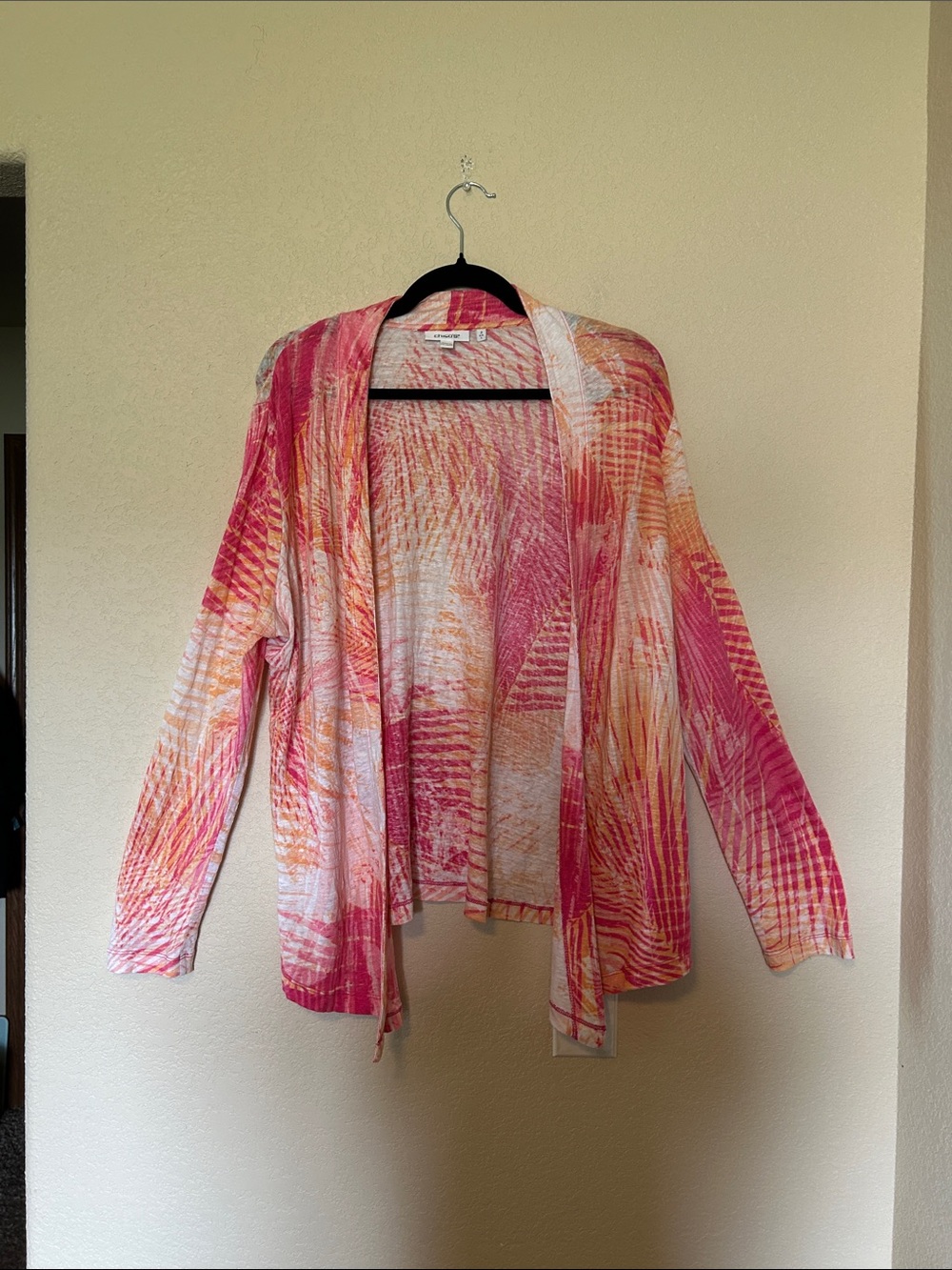 Chico’s 100% Linen Open Front Cardigan Pink Orange Tropical Print Size 2 Large